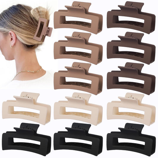 Hair Claw Clips, 3.5 Inch Medium Square Jaw Clips 12 Pcs for Thick and Thin Hair - Matte Black, Dark Brown, Light Brown, Bulk Hair Accessories