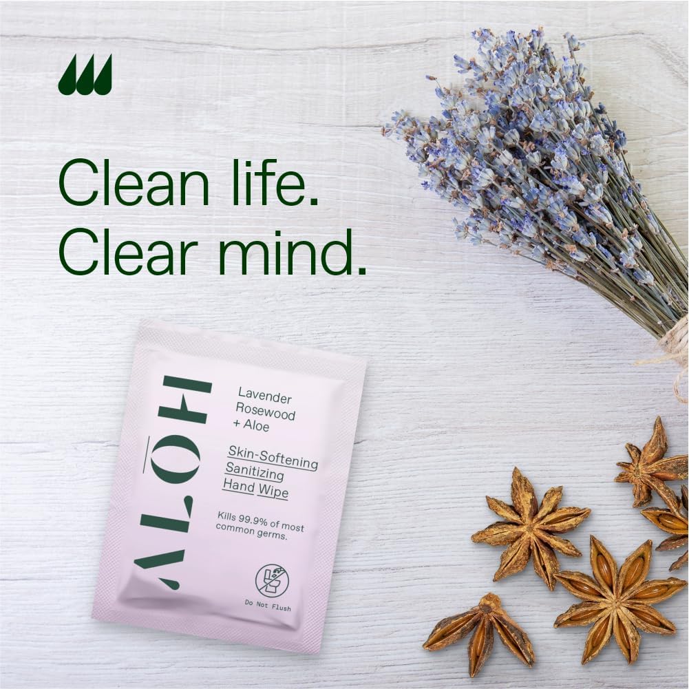 ALŌH Skin - Softening Sanitizing Hand Wipes – Lavender Rosewood + Aloe - 1 Box of 500ct Individually Wrapped Wipes