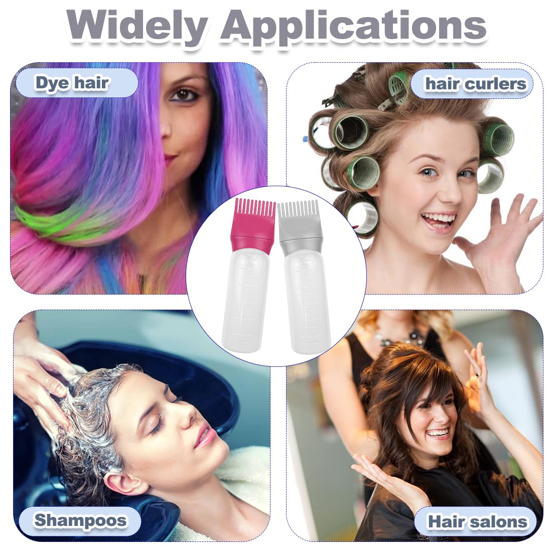 ELANE 4 Pcs Root Comb Applicator Bottle, 6oz, Grey+Red, Perfect for Home, Salon, Travel, Camping, Hair Care, Salon Competitions