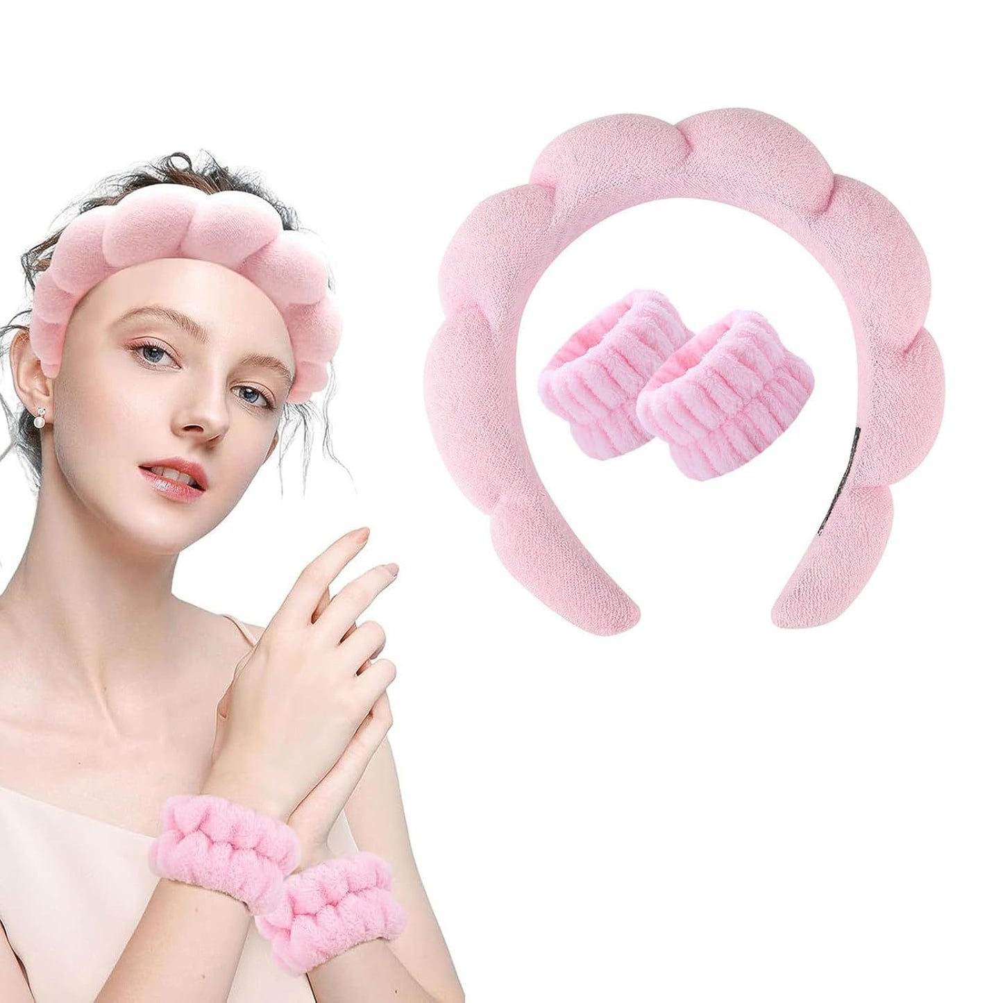 Spa Headband and Wristband Set for Women,Terry Cloth Sponge Headband for Washing Face,Makeup,Facial Mask and Skincare (Black,Pink, One Size)