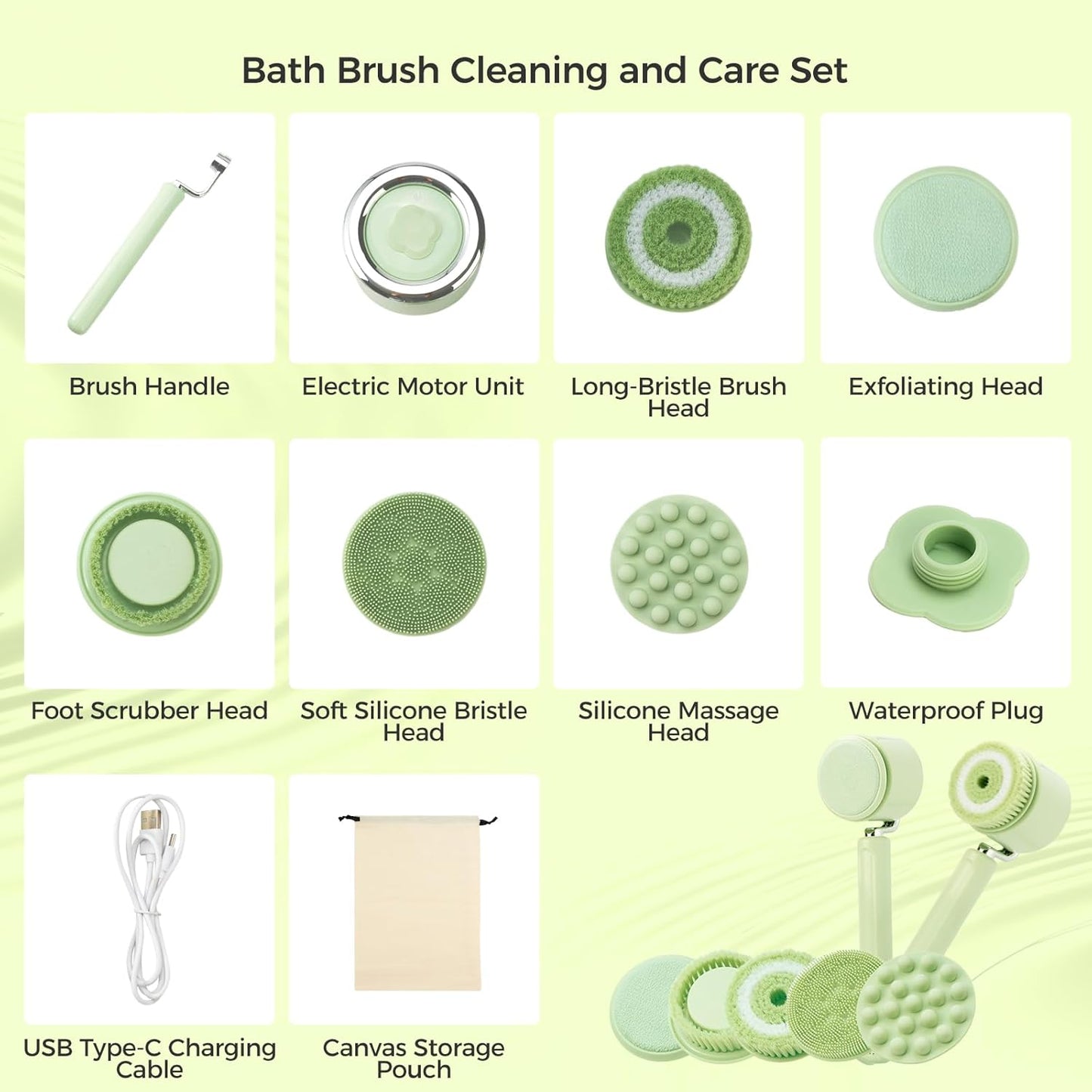Bath Brush Electric Back Scrubber for Shower, Rechargeable Electric Body Brush with Detachable Long Handle with 5 Heads, Bath Brush with 3 Speeds for Exfoliating, Cleaning and Massaging