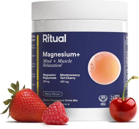 Ritual Magnesium+ Drink Mix Supplement | 2-in-1 Science-Backed Tart Cherry & Gentle on Stomach Magnesium Bisglycinate | Formulated for Mind & Muscle Relaxation | Supports Sleep & Calm | 30 Servings