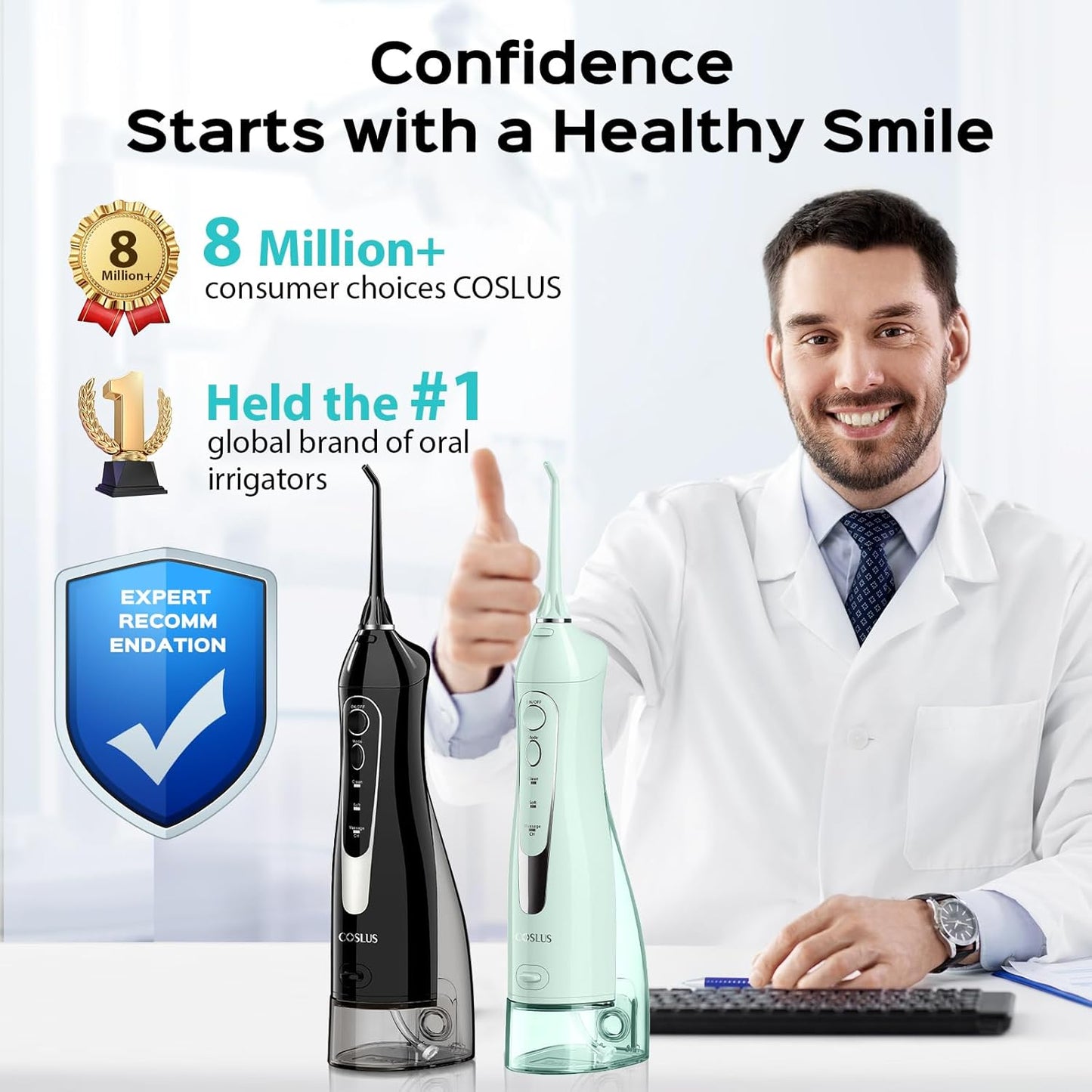 COSLUS 2 Pack Cordless Water Flosser with Elegant Packaging for Teeth, Braces, Gums Care - Easy to Use, Rechargeable, Waterproof, Portable for Travel, BPA-Free, Black & Green, C20(F5020E)