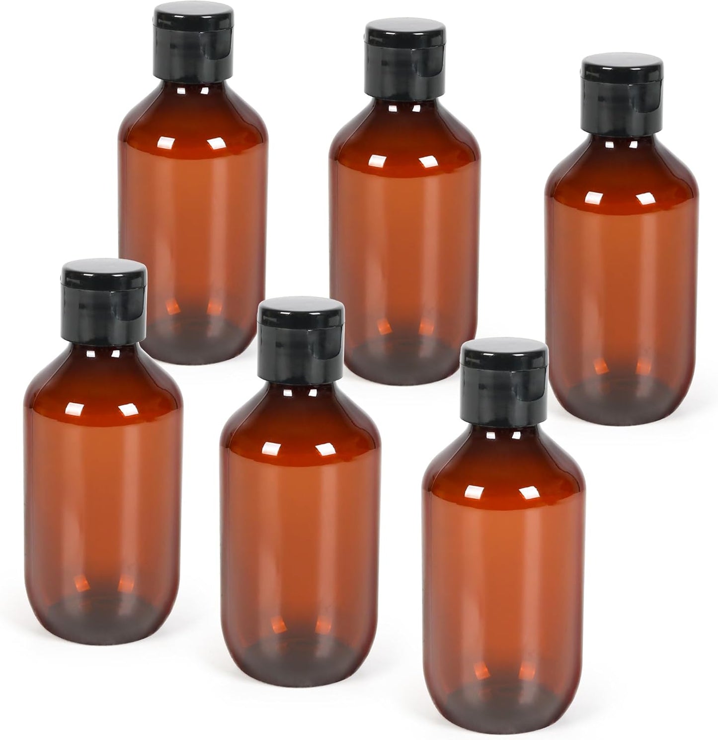 TRENDBOX Travel Size Amber Bottles with Flip Cap - 6 Pack 3.4oz Leak Proof Dispenser Containers for Toiletries, Essential Oils & Shampoo - Set of Small Empty Plastic Bottles