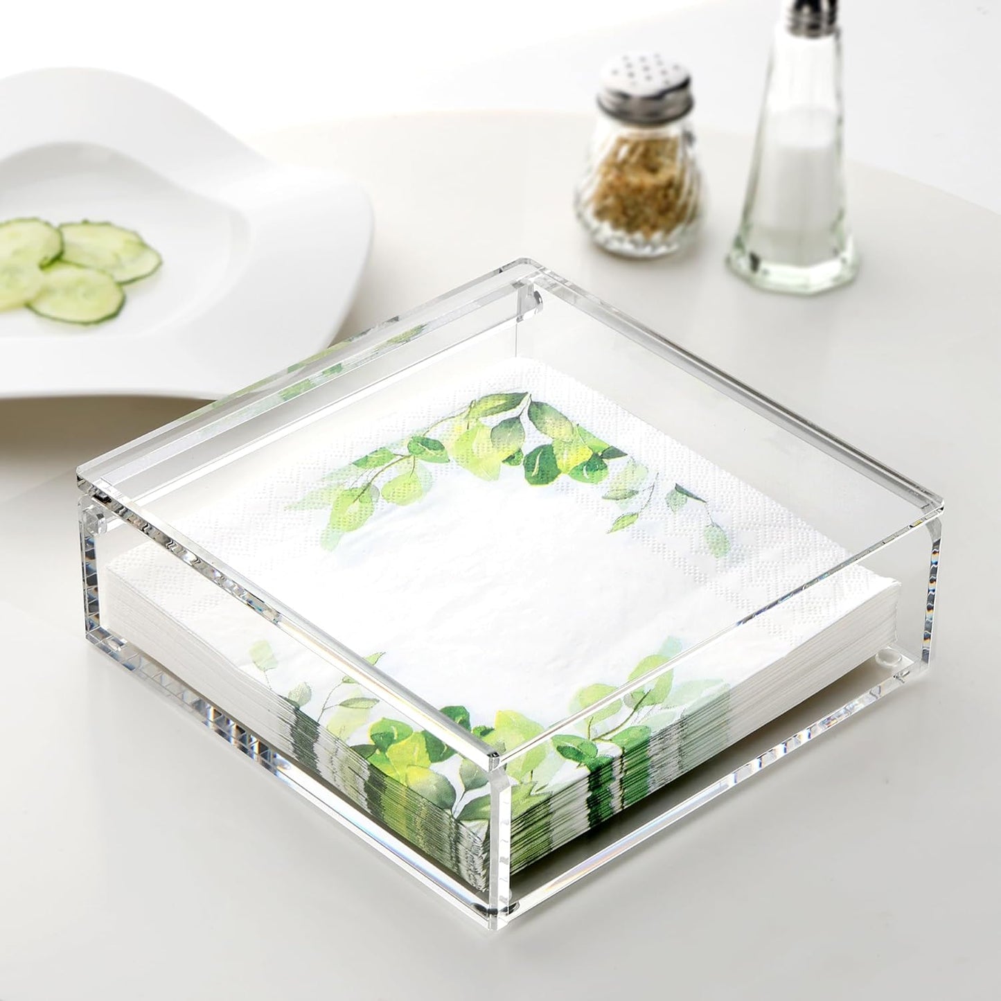 DINGHUO Flat Acrylic Napkin Holder for Table, Open Side Design Napkin Dispenser with Weighted Arm, Square Paper Holder for Restaurant, Kitchen, Bathroom, Countertop, Dinner