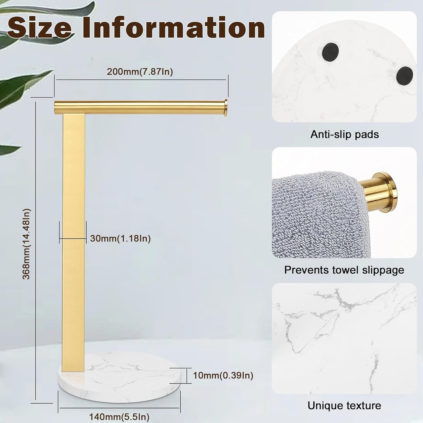 Hand Towel Holder Stand for Bathroom, L- Shaped Standing Hand Towel Rack, Towel Bar Kitchen Vanity Countertop Organizer, SUS304 Stainless Steel Material (Marble Base, Gold)