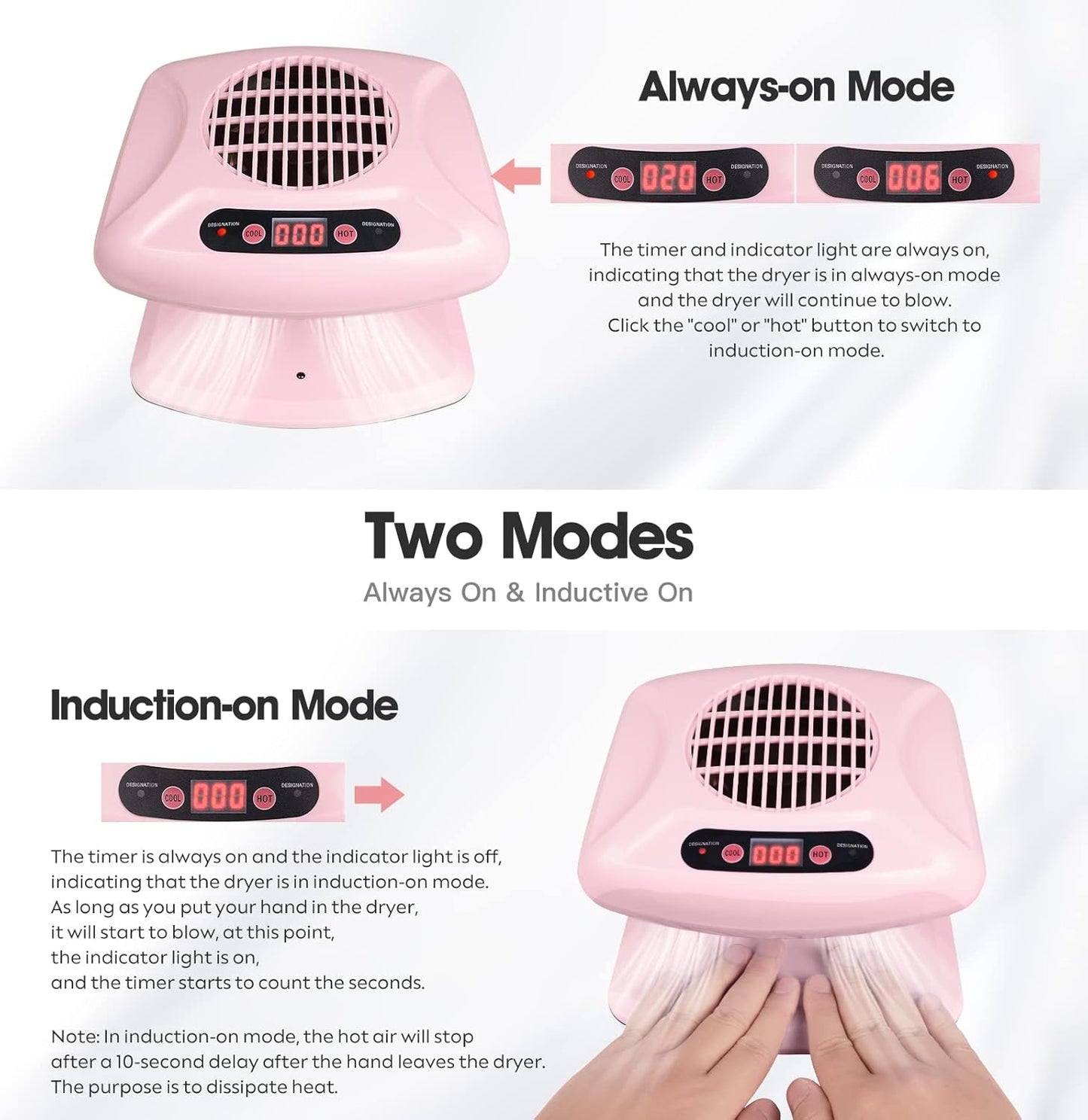 Air Nail Dryer with Automatic Sensor, 300W Timing Air Nail Fan Blow Dryer for Both Hands and Feet, Warm & Cool Wind Blower Dryer for Regular Nail Polish, Home and Salon Use No Harmful (Pink)