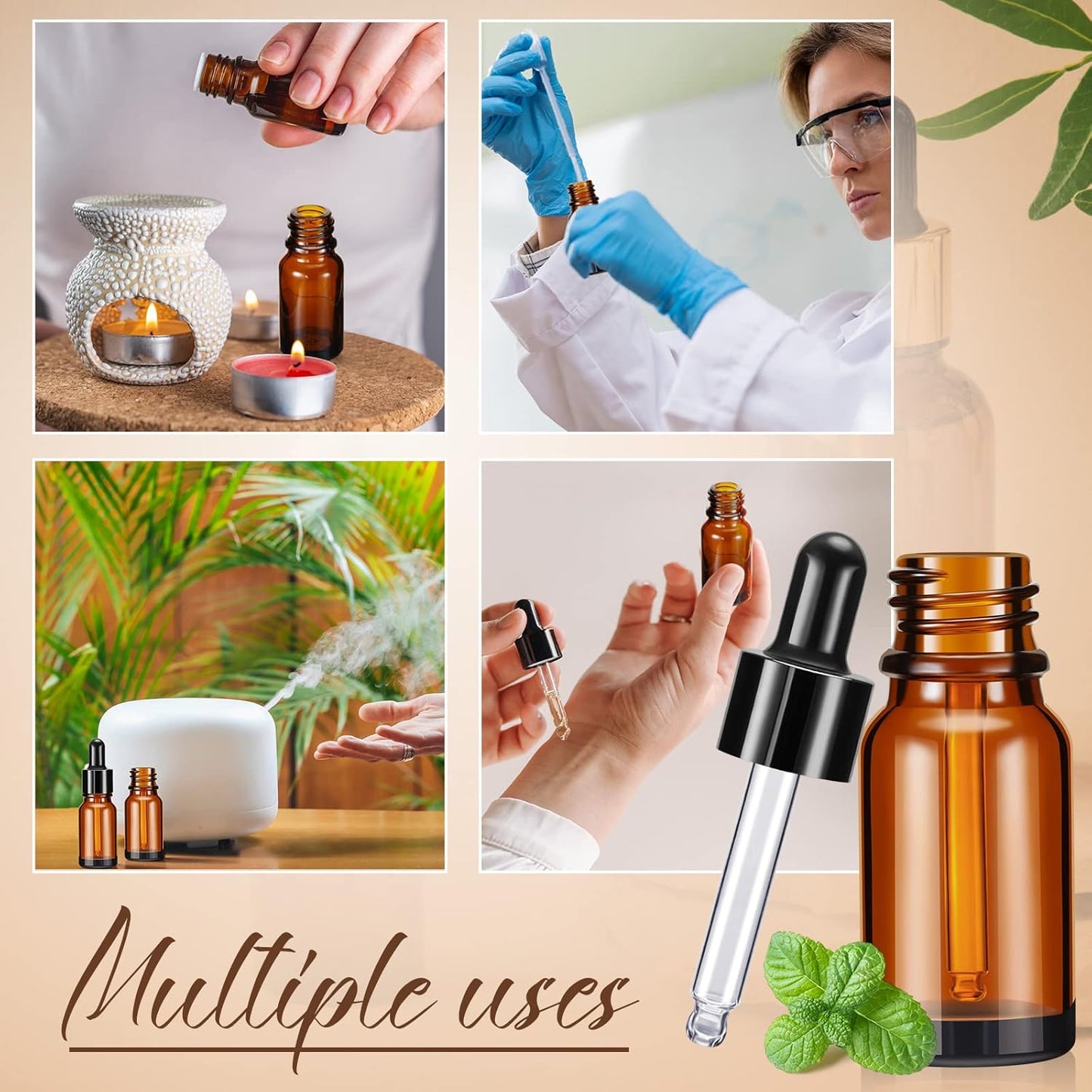 Lallisa 100 Pack Essential Oil Dropper Bottle 10 ml (1/3 Oz) Glass Dropper Bottles DIY for Diy essential Oil Perfume with 5 Funnels 5 Pipettes 3ml 100 Labels for Bathrooms, Hotels, Labs (Amber)