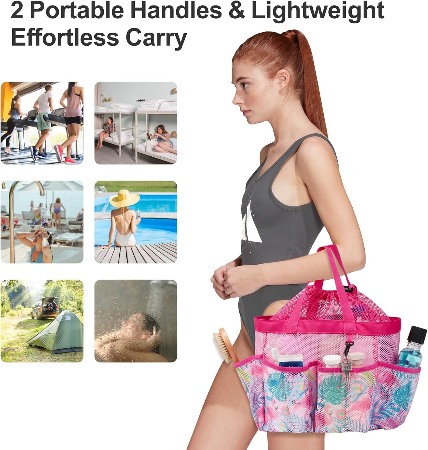 F-color Mesh Shower Caddy Portable with Drawstring - Upgrade Deeper 7 Pockets Dorm Room Essentials for Guys Girls with S Hook, Shower Bag Basket Tote for College Camping Bathroom, Pink Flamingo