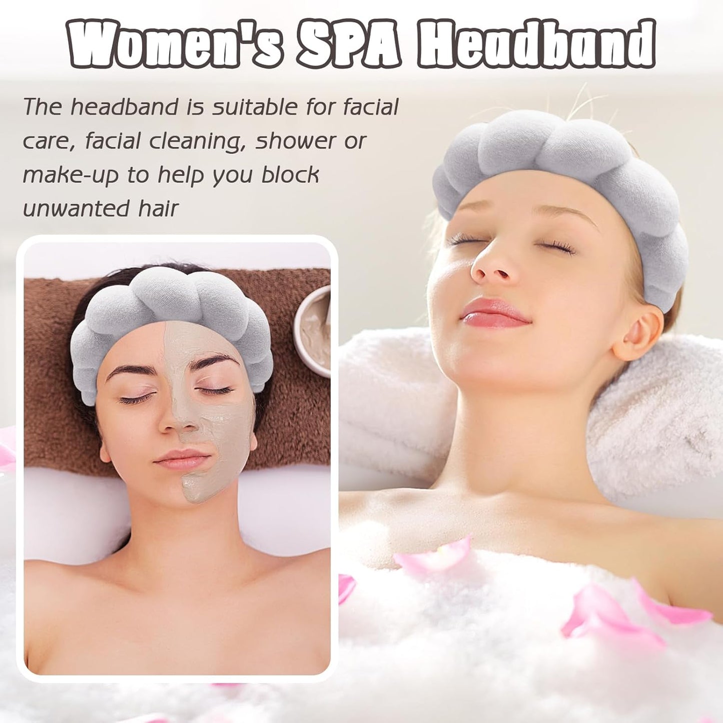 Zkptops Spa Headband for Washing Face Wristband Set Sponge Makeup Skincare Headband Terry Cloth Bubble Soft Get Ready Hairbands for Women Girl Puffy Padded Headwear Non Slip Thick Hair Accessory(Grey)