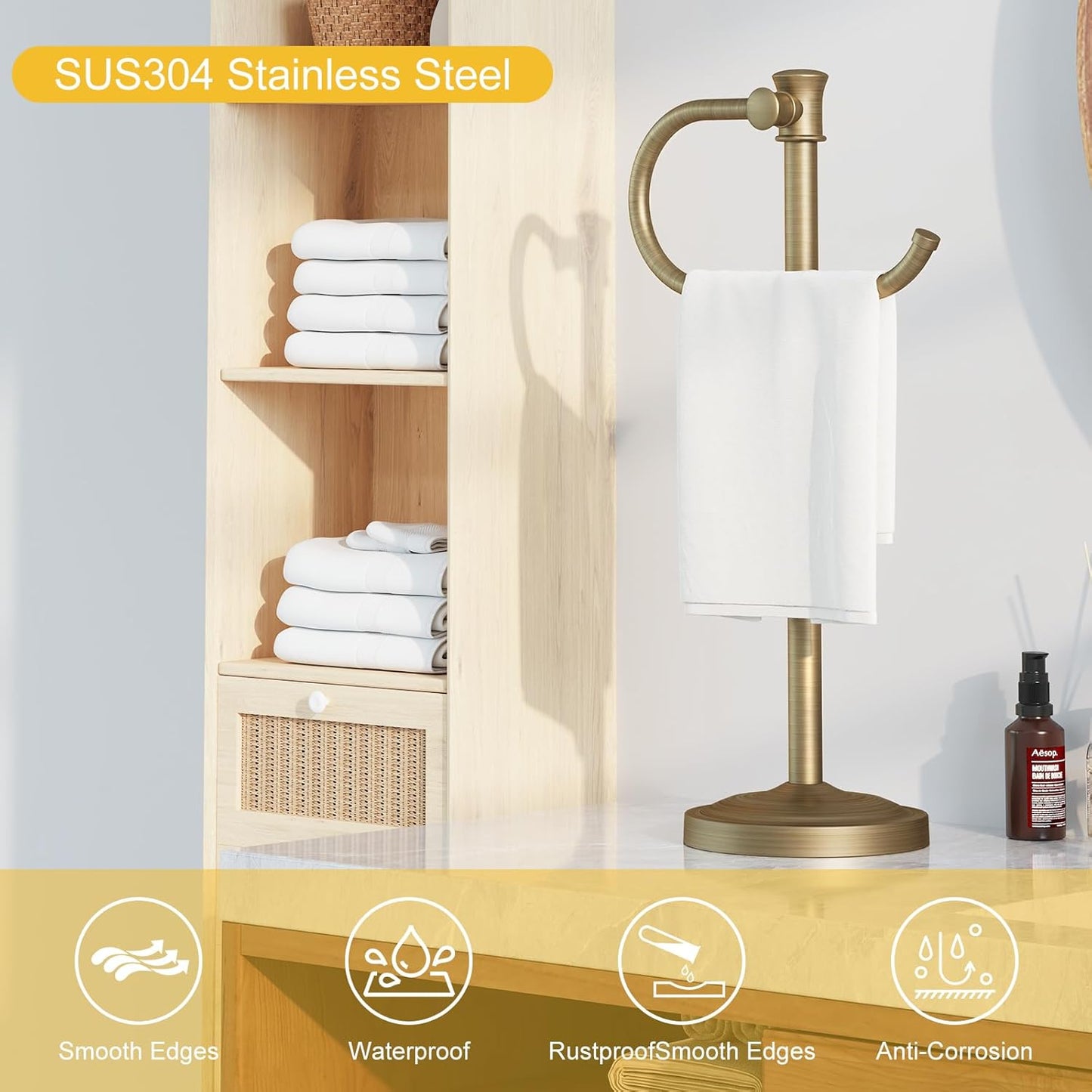 BESy 17 Inch Antique Brass Stand Towel Bar Hanger Hand Towel Bar Bathroom Vanity Countertop Towel Holder Free Standing Stainless Steel Towel Ring Hardware Accessories Towel Rack