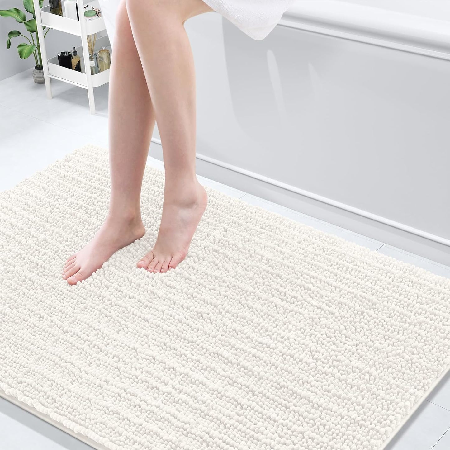 Arotive Luxury Chenille Bathroom Rug Mat, Extra Soft Thick Absorbent Shaggy Bath Rugs, Non-Slip Machine Wash Dry, Plush Bath Mats for Bathroom, Shower and Tub, 59x35, Ivory