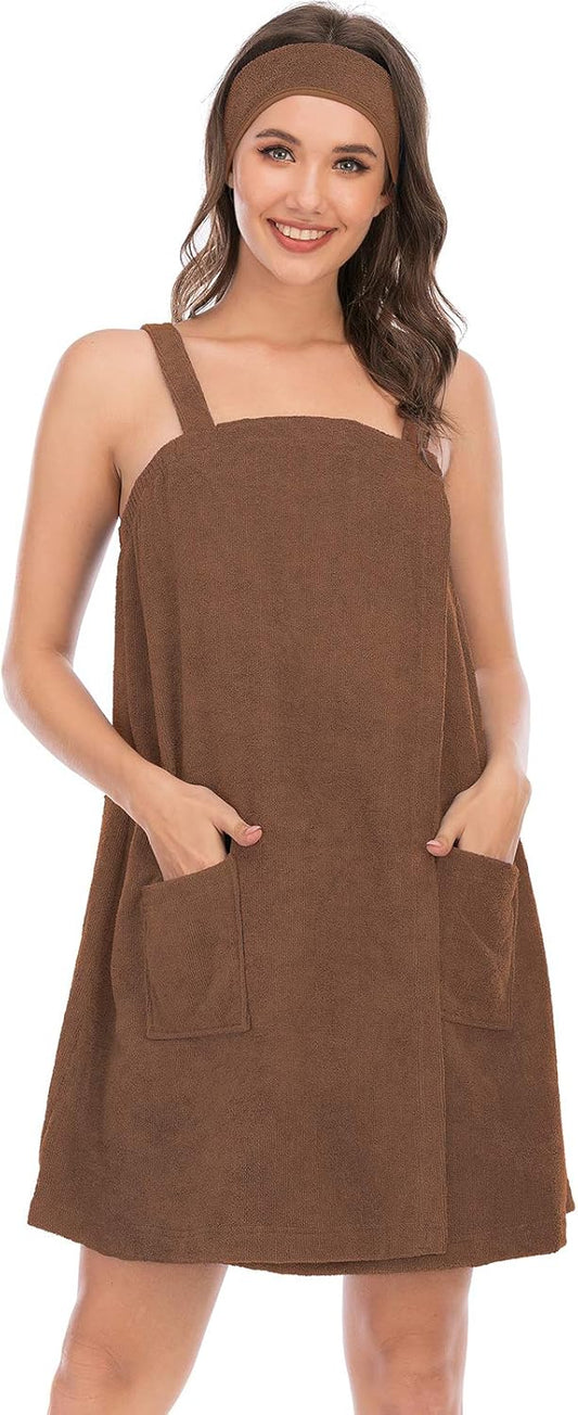 Veseacky Women Bath Wrap Towel for Womens Shower with Pocket Adjustable Spa Robe & Facial Headband