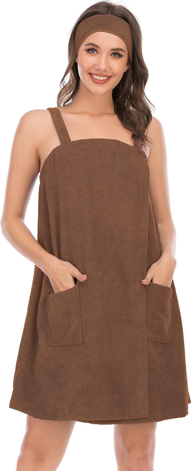 Veseacky Women Bath Wrap Towel for Womens Shower with Pocket Adjustable Spa Robe & Facial Headband