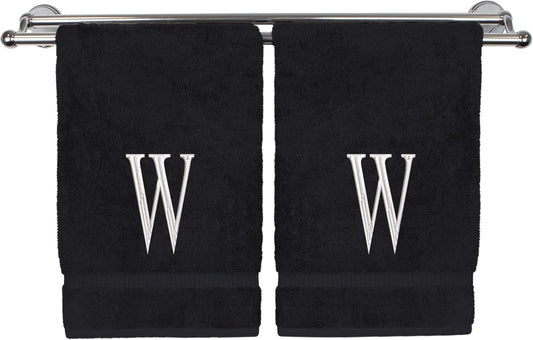 Monogrammed Hand Towel, Personalized Initial Gift, Extra Absorbent 100% Turkish Cotton - Soft Terry Finish - Set of 2 - White Block Initial W - Embroidered on Black Towels