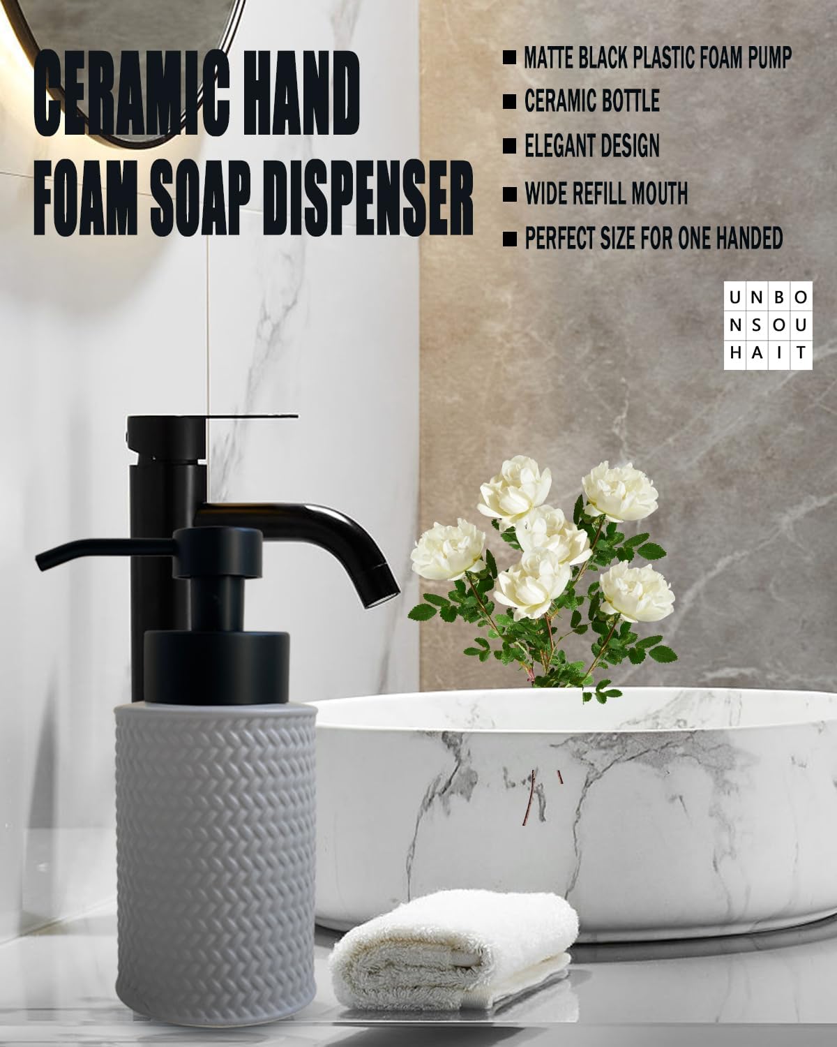 10 Oz Foaming Soap Dispenser for Bathroom,Kitchen Foam Soap Dispenser,Refillable Modern Foam Pump Bottle,Black Ceramic Foaming Hand Pump Dispenser (Grey Weave)