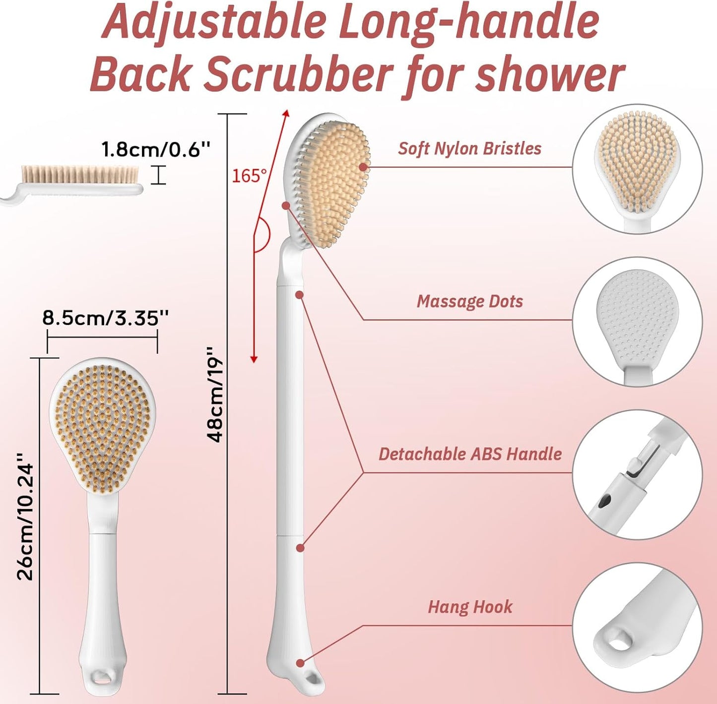 Back Scrubber for Shower, 19’’ Detachable Long Handle Shower Body Scrubber for Wet or Dry Brush, Adjustable 2-in-1 Back & Body Brush with Medium Soft Bristles for Deep Cleaning(Pink)