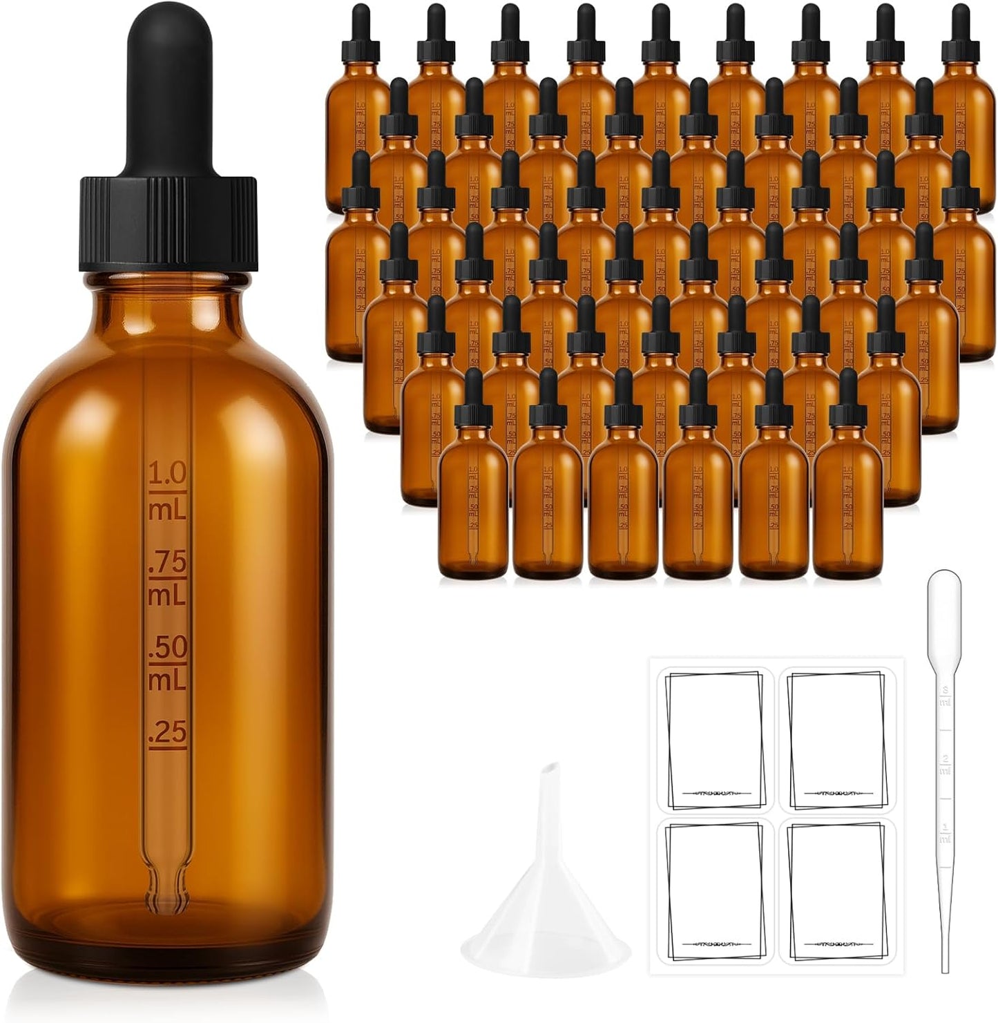Bumobum 48 Pack, 2 oz Amber Glass Dropper Bottle with Measured Eye Dropper, 1 Funnel, 1 Pipette, 48 Labels, Tincture Bottle with Glass Eye Dropper - Leakproof Essential Oils Bottles