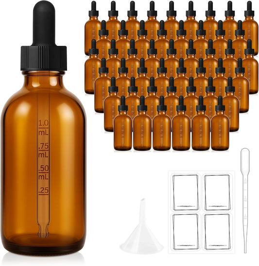 Bumobum 48 Pack, 2 oz Amber Glass Dropper Bottle with Measured Eye Dropper, 1 Funnel, 1 Pipette, 48 Labels, Tincture Bottle with Glass Eye Dropper - Leakproof Essential Oils Bottles