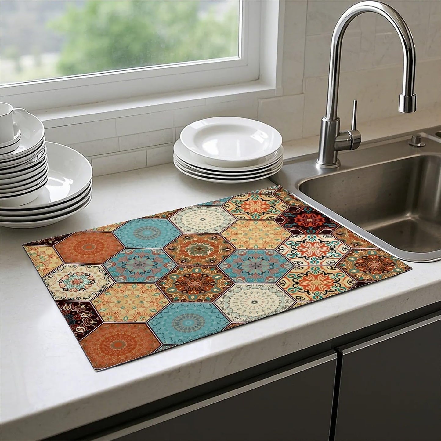 Dish Drying Mat For Kitchen Counter, Personalized Bohemian Microfiber Absorbent Dish Drainer Rack Pad Reusable Large 18x24in Drying Mat