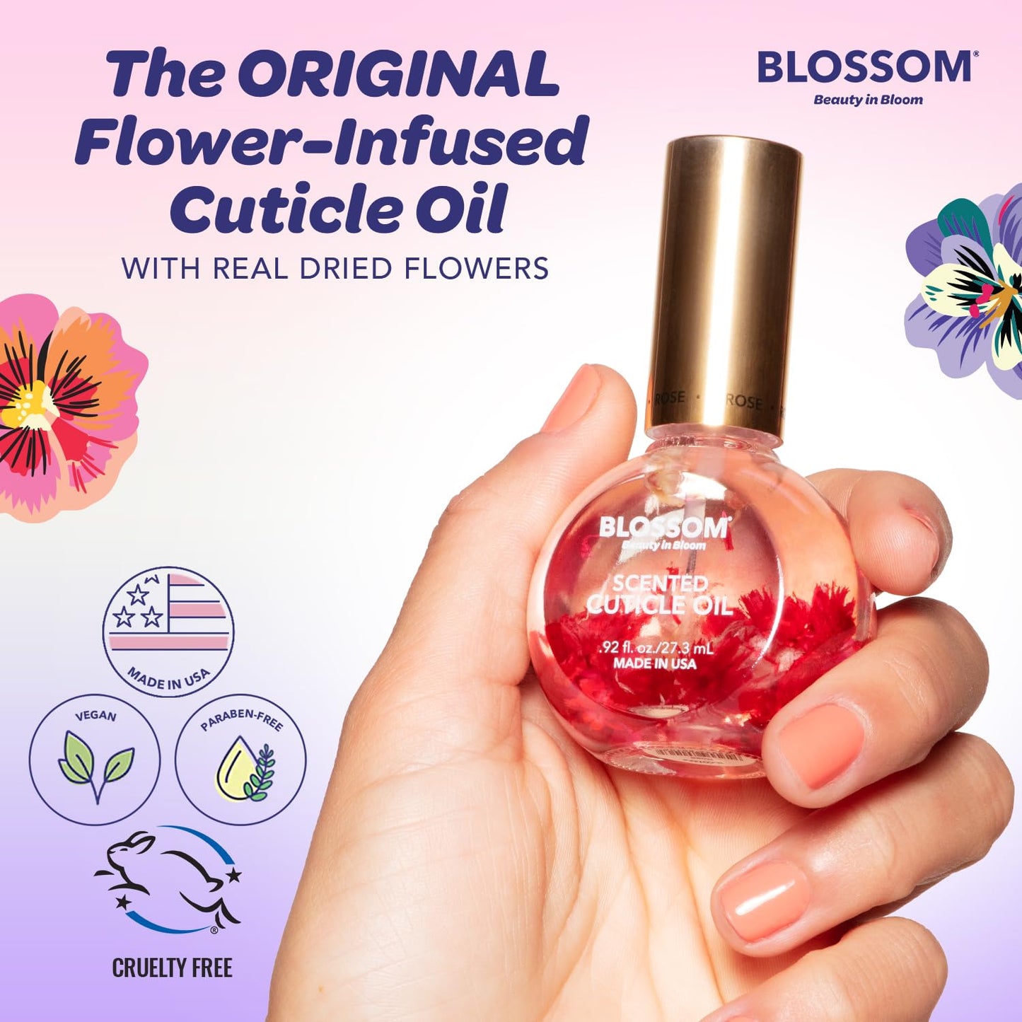 Blossom Cuticle Oil for Nails, Hydrating, Moisturizing, Scented Nail Oil Cuticle Care, Infused with Real Flowers, Made in USA, 0.5 fl. oz, Lavender