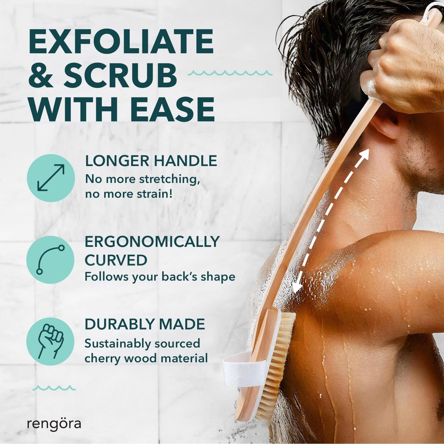 Long Handled Shower Brush for Body, 20" Back Scrubber, Body Scrubber for Men and Women, Ergonomic Wooden Handle for Better Reach - Firm Boar Bristles