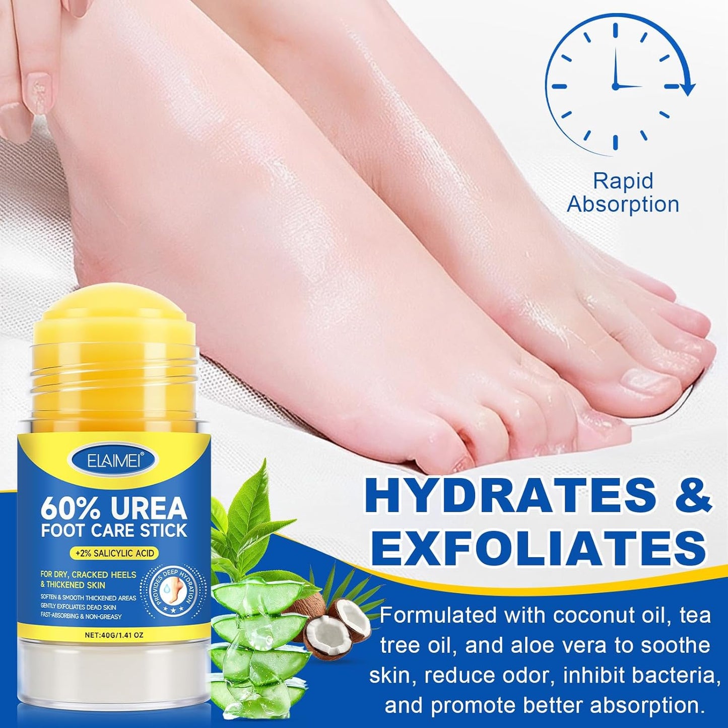 Urea Cream Stick 60% plus 2% Salicylic Acid,urea cream percent for feet maximum strength,Foot Lotion Stick for Cracked Heels,Dry Hands & Rough Knees,Callus Remover & Skin Softener, Soften Dead (2)
