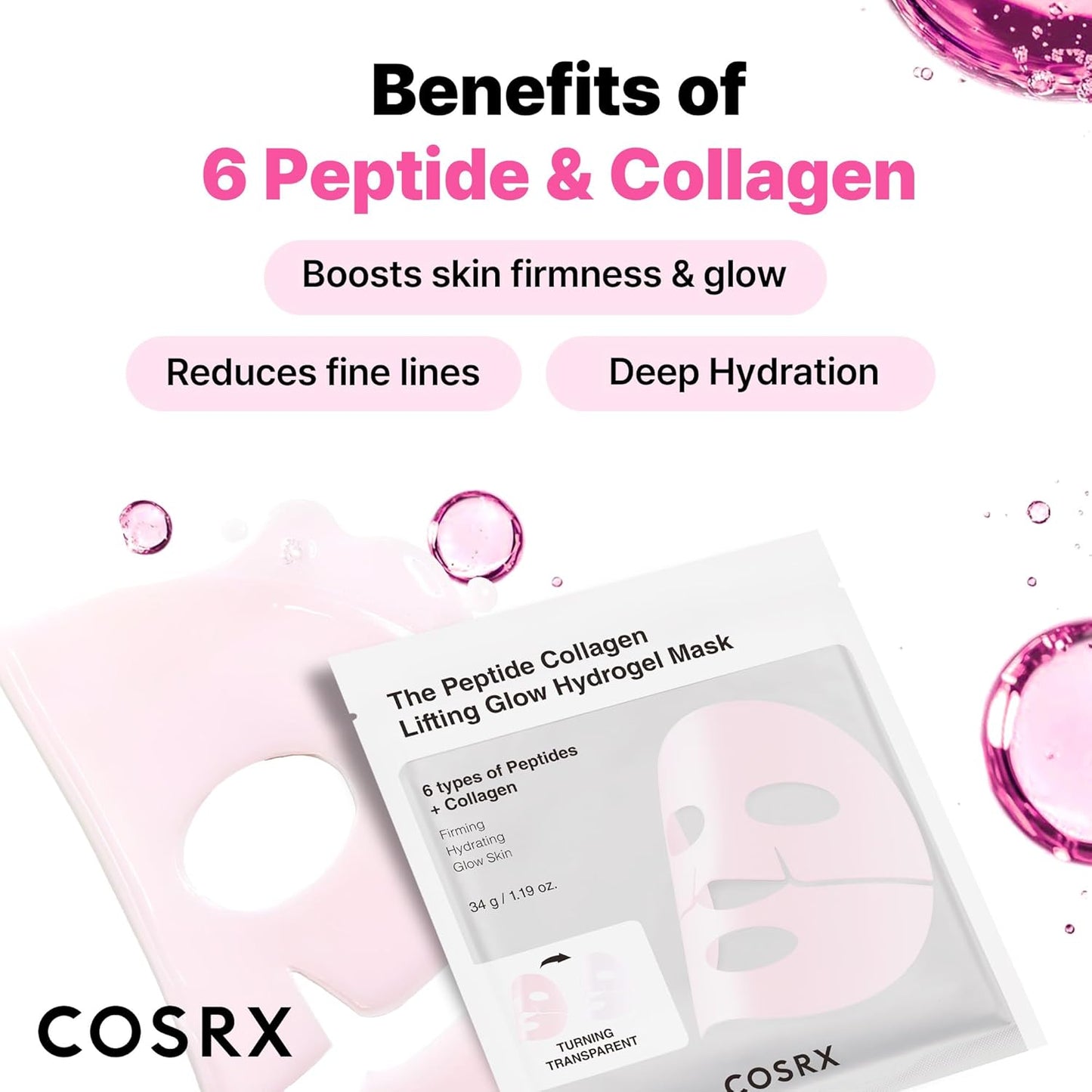 COSRX Pink Peptides Collagen Lifting Glow Hydrogel Face Masks Skincare 3 EA, Collagen Face Mask, Travel Essentials, Overnight Face Mask, Korean SkinCare
