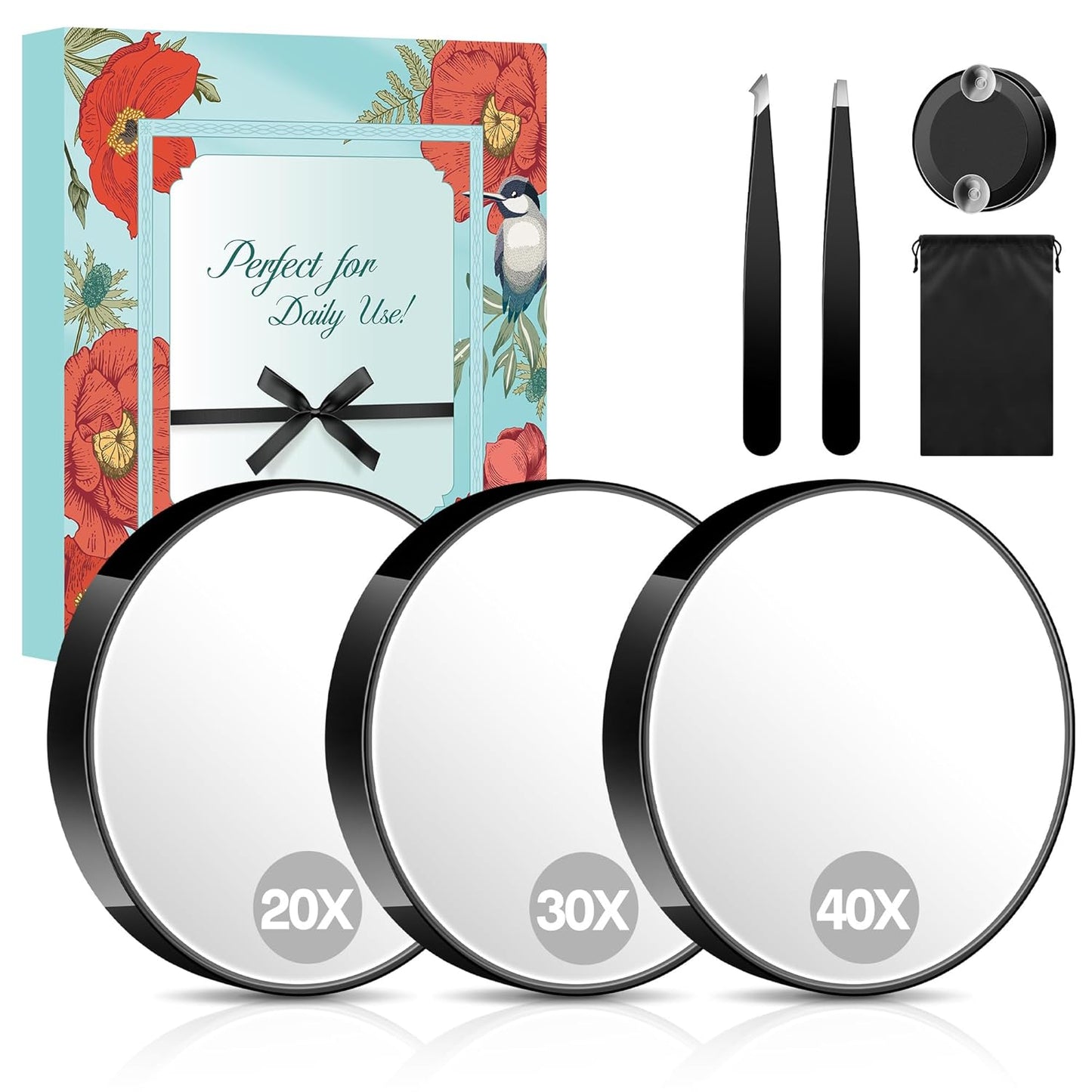 MIYADIVA Magnifying Mirror 40X/30X/20X, 3.5 Inch Round Compact Mirror with Suction Cup, 2Ps Stainless Steel Tweezers, Perfect for Makeup, Eyebrows, Beards, Travel