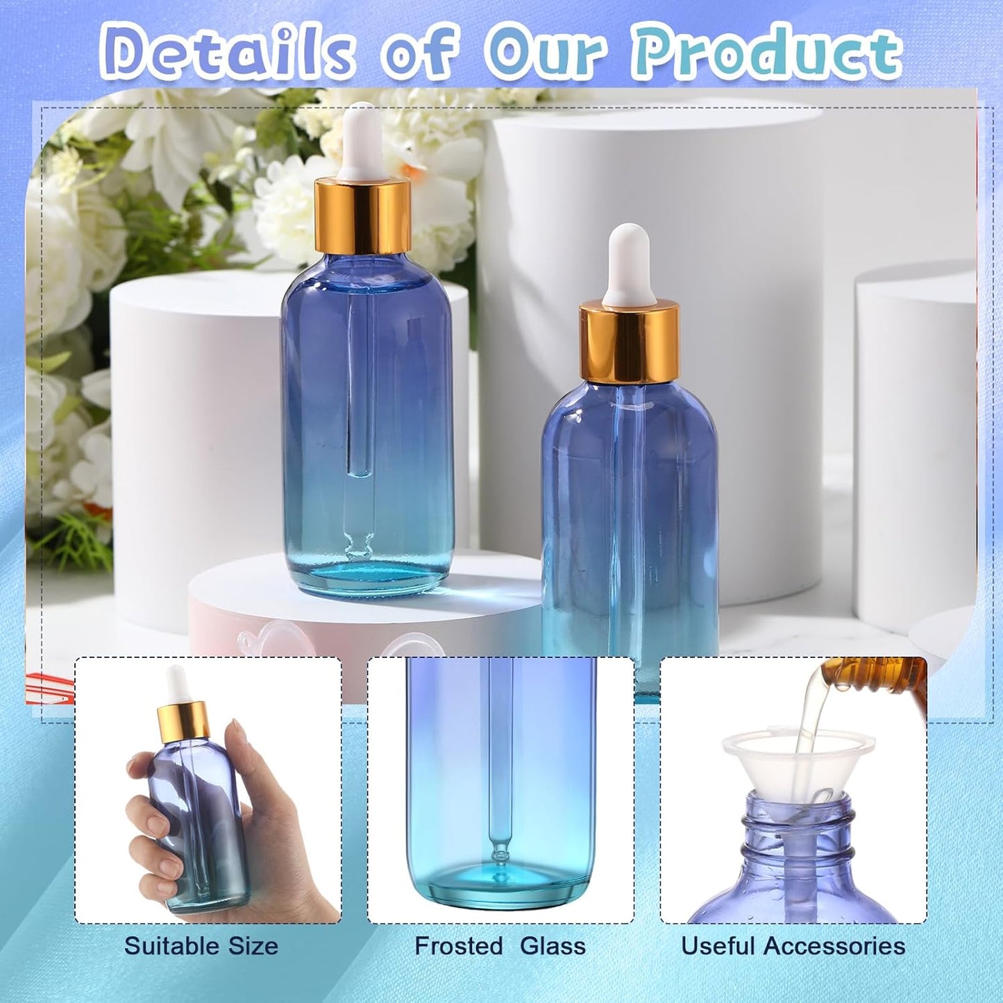 Dandat 50 Pack 4 oz Glass Dropper Bottles Leakproof 120 ml Glass Tincture Bottles with Eye Droppers, 4 Funnels, 54 Labels for Essential Oil Perfumes Hair Oil(Blue Gradient)