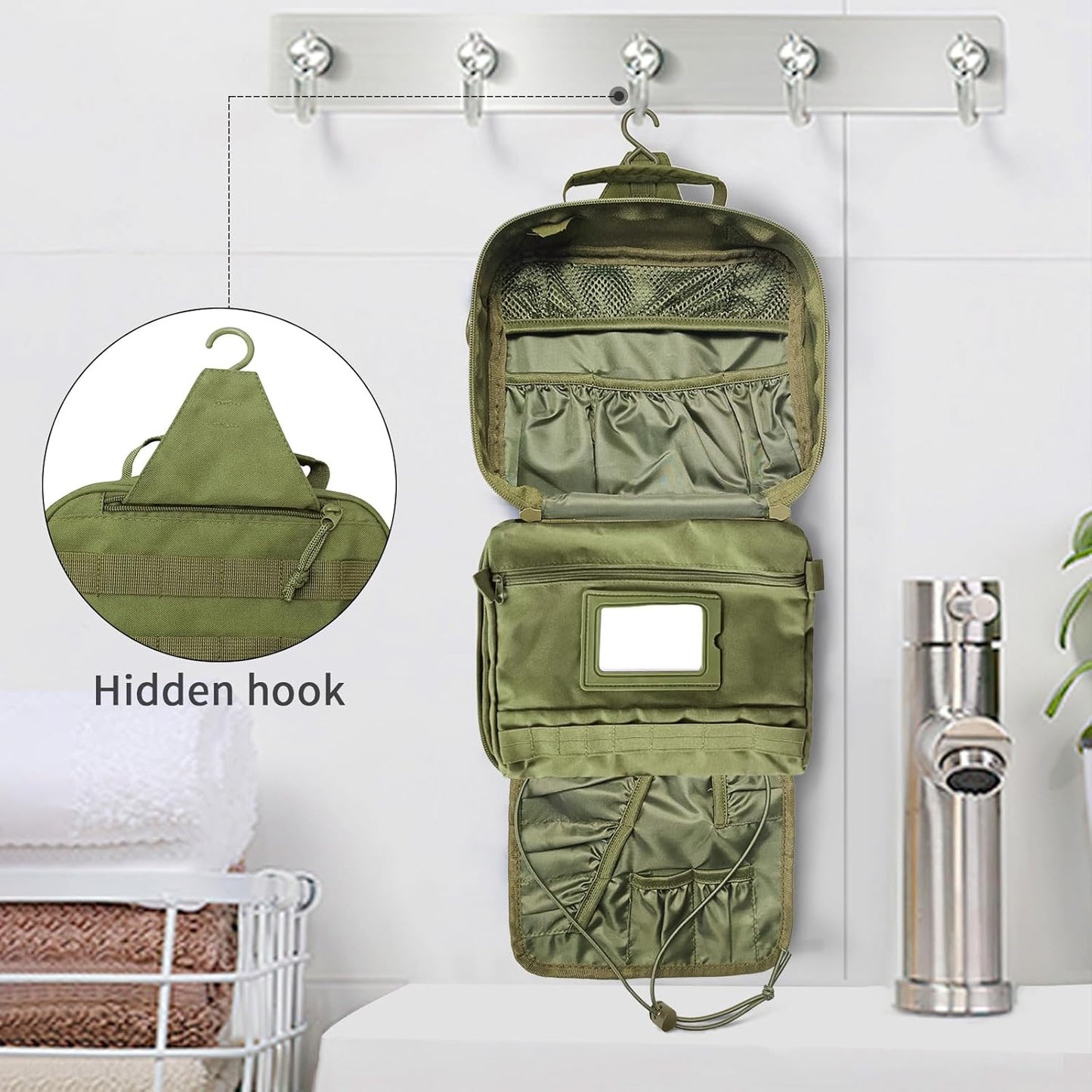 SUNRISING Tactical Toiletry Bag for Men - Hanging Travel Dopp Kit, Shaving Hygiene Organizer, Durable Bathroom Essentials for Short Trips & Camping Army Green