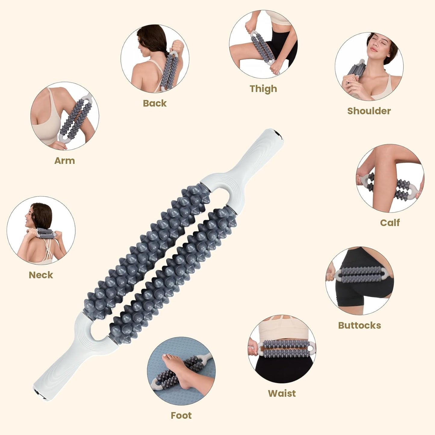 Double Row Muscle Roller Stick for Muscles Deep Tissue，with One-Piece Roller & Bionic Massage Contacts,High Efficiency Relieves Soreness & Tension，Unique Gifts for Runner Athelets Gym Yoga.