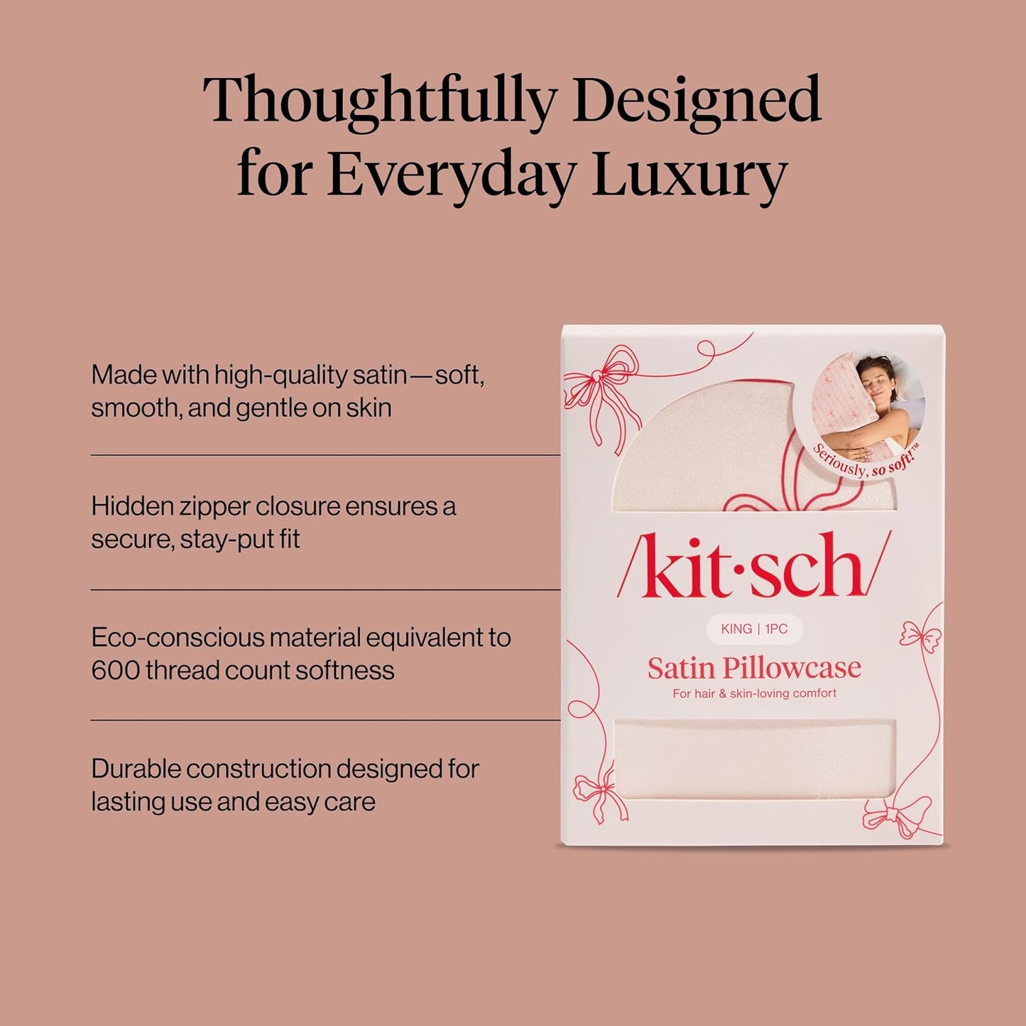 Kitsch Satin Pillowcase, Softer Than Silk Pillow Cases King, Cooling Pillow Covers, Satin Pillowcase w/Zipper for Hair, Skin & Quality Sleep, Wrinkle-Free & Smooth, King Size 19"x36"- Striped Bows