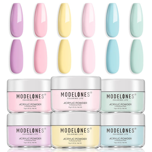 Modelones Pink Acrylic Powder Kit - 6 Colors Pastel Yellow Blue Purple Macaron Spring Cover Powder for Nail Art Extension - No Lamp Needed (A3-PearlyMint Frost)