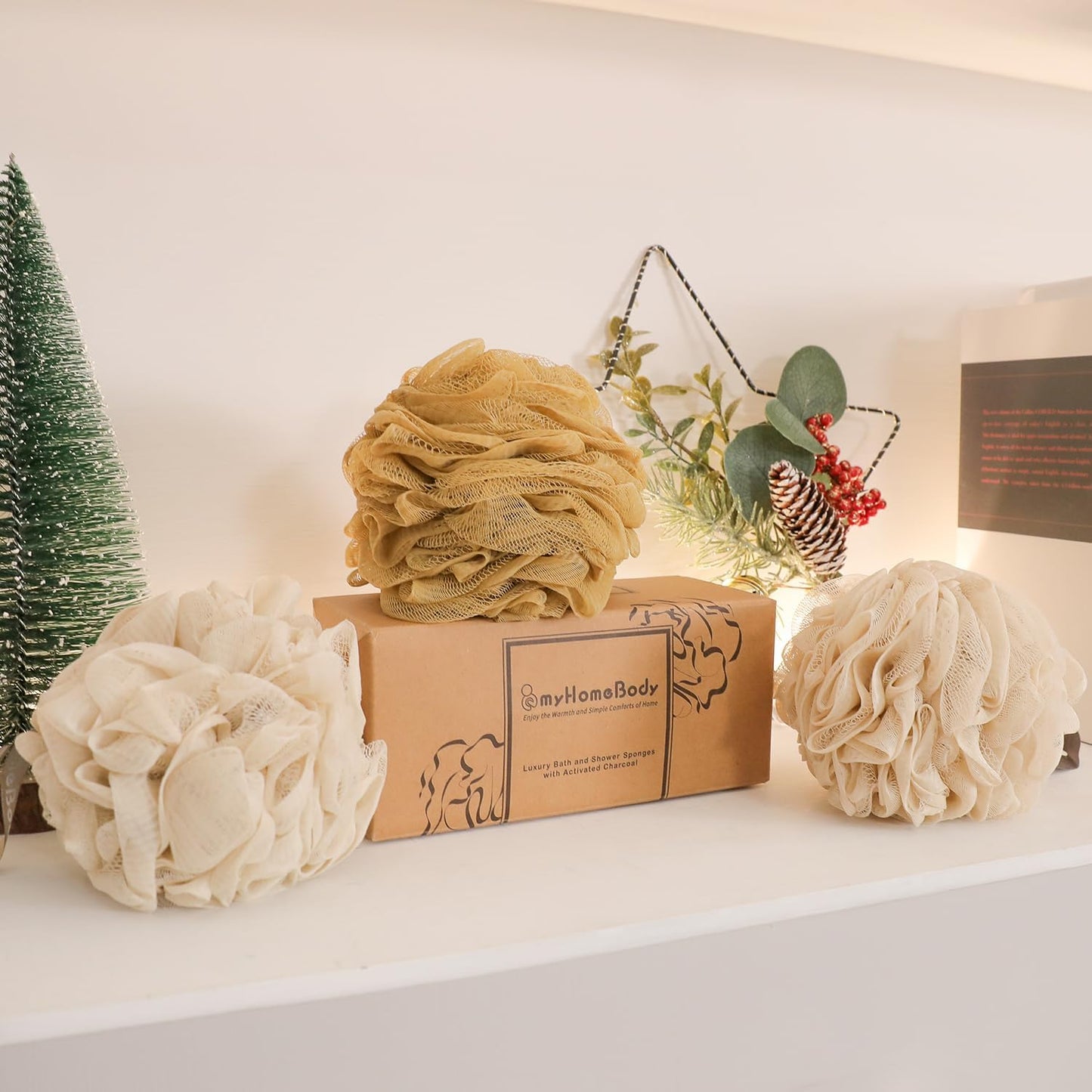 myHomeBody Large 70g Loofah Sponge, Body Scrubber, Bath Sponge, Loofah for Women, Men, Exfoliating Sponge Shower Pouf with Activated Charcoal - 2 Oat Milk + 1 Caramel, 3 Pack