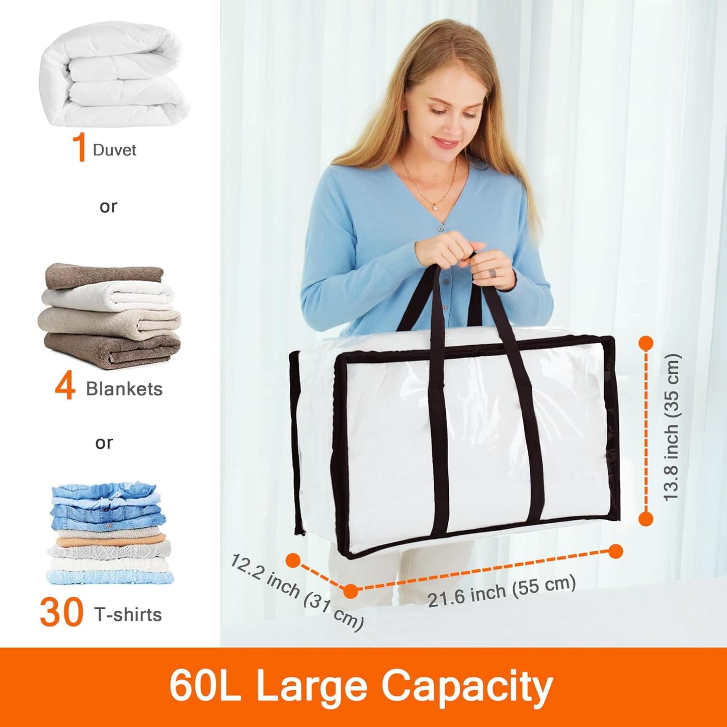 Vieshful 5 Pack Clear Comforter Storage Bag, 60L Clothes Storage Bag with Zipper Closet Organizer, Plastic Storage Containers Moving bags for Comforter, Blanket, Bedding, Duvet, Toys