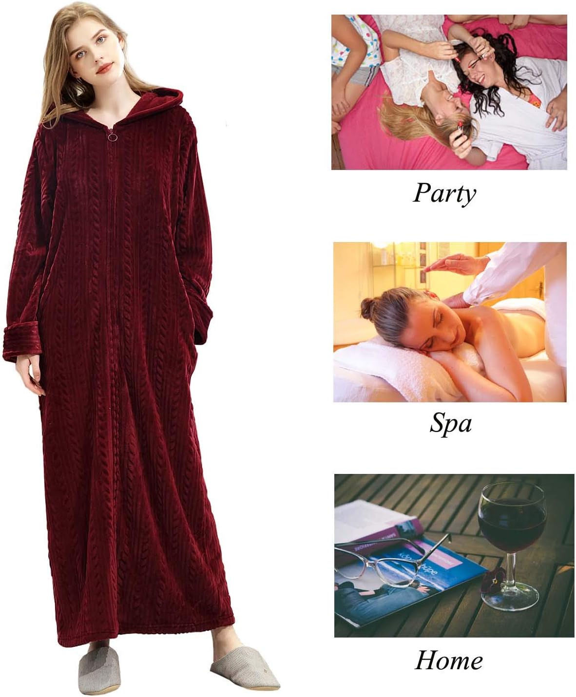 Hellomamma Long Hooded Zipper Bathrobe for Womens Flannel Fleece Robes Winter Warm Housecoat Nightgown Sleepwear Pajamas