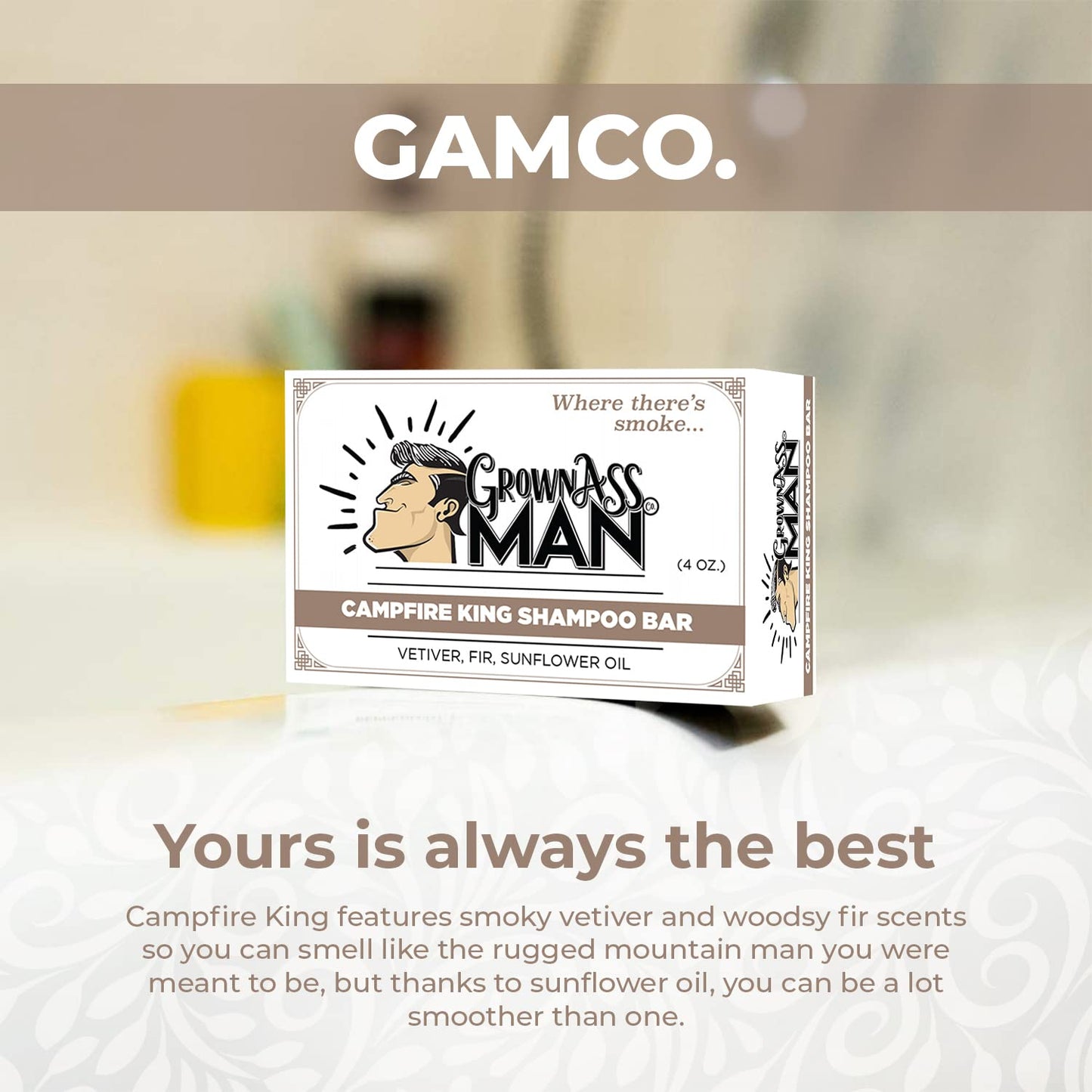 Grown Ass Man Co. - Solid Shampoo Bar Rich Lather 3 in 1: Hair, Beard & Body Wash - Plastic Free & Eco-Friendly, Natural & Organic Clean for All Hair Types, 4oz Bar (Campfire King, 3-Pack)