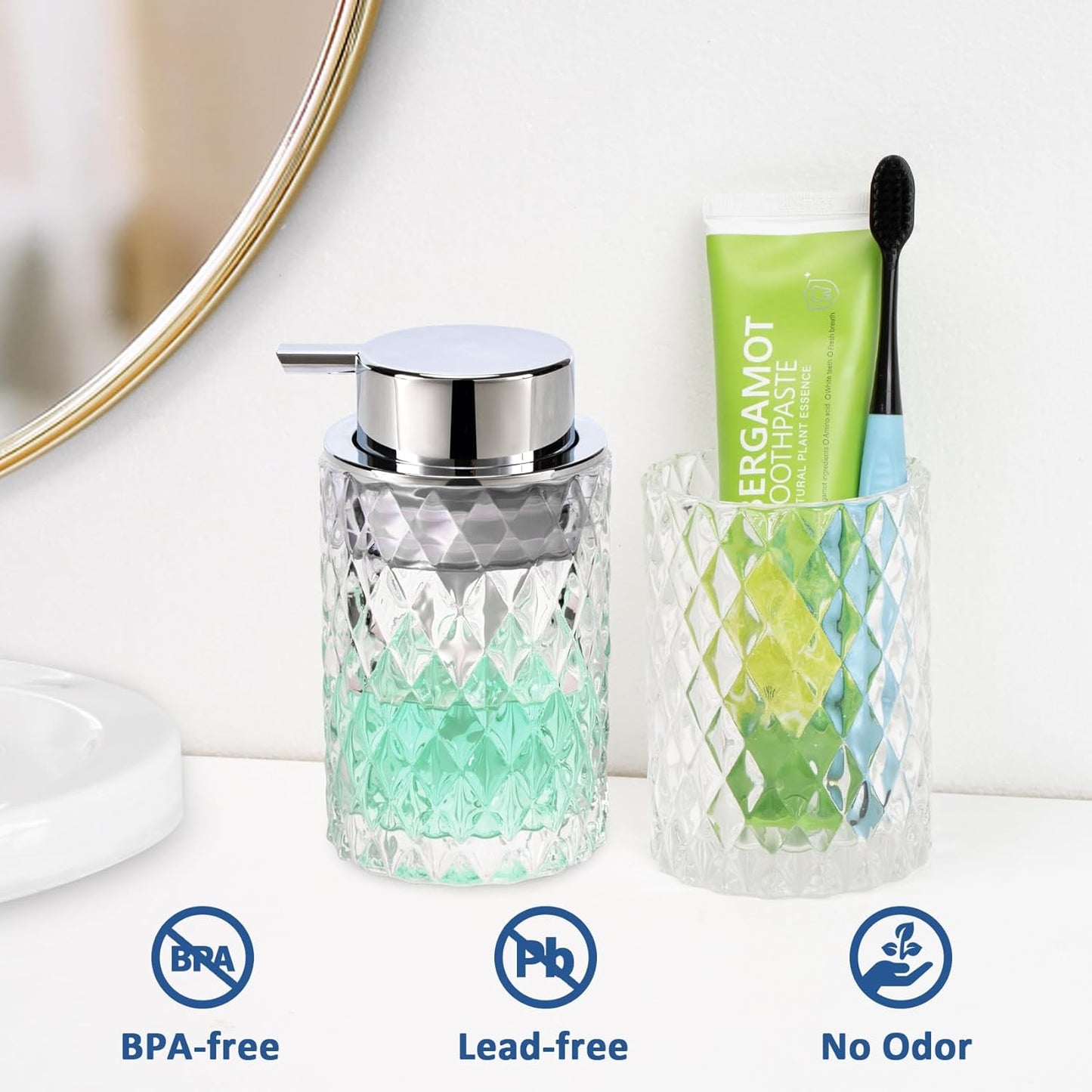 Bathroom Glass Soap Dispenser with Durable Rust-Proof Plastic Foam Pump Hand Lotion Dispenser Antislip Shampoo Kitchen 10oz