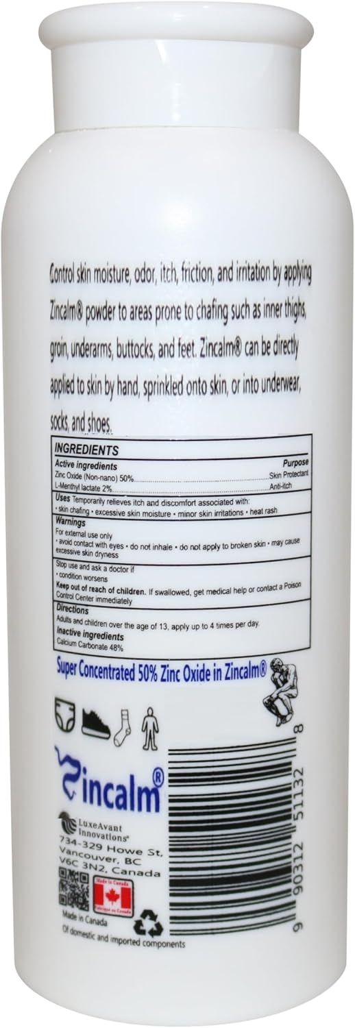 Zincalm All-Natural Body & Foot Powder, Concentrated 50% Zinc, Cornstarch-Free Moisture/Odor Absorbing Anti-Chafing/Friction, Itch Relief Formula for Dry/Cool Skin with Ultra-Pure Calcium & Menthol