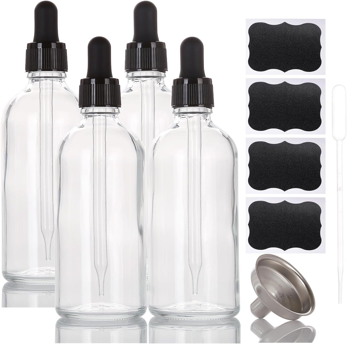 3.4 oz Glass Dropper Bottles,4 Pack 100ml Empty Reusable Leak Proof Thick Tincture Bottles for Essential Oils,Hair Oil,Liquids,Laboratory,Pharmacist Bottle,Massage,Perfumery Aromatherapy