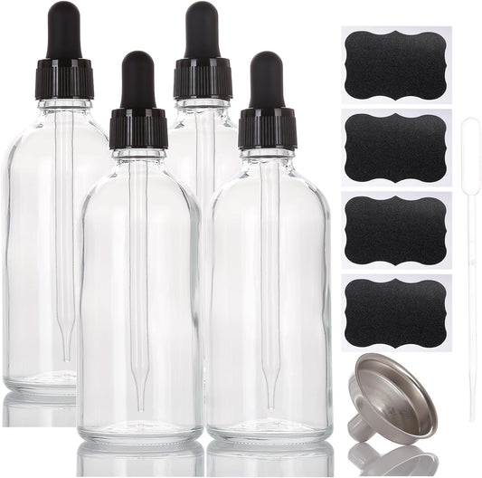 3.4 oz Glass Dropper Bottles,4 Pack 100ml Empty Reusable Leak Proof Thick Tincture Bottles for Essential Oils,Hair Oil,Liquids,Laboratory,Pharmacist Bottle,Massage,Perfumery Aromatherapy