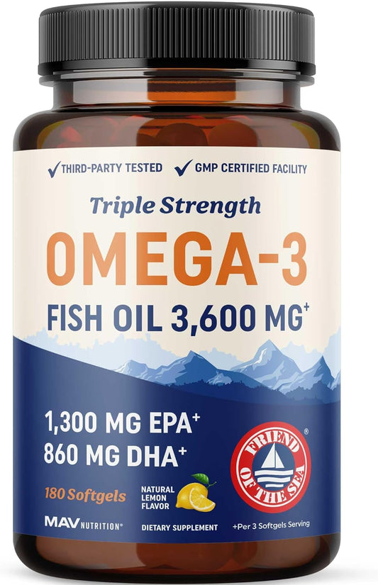 Triple Strength Omega 3 Fish Oil 3600 mg | EPA & DHA | Over 2100mg Omega-3 Fatty Acids | 1300mg EPA + 860mg DHA | Best Essential Fatty Acids | Premium Wild Caught & Burpless Fish Oil | 180 Ct