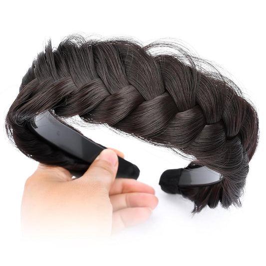 DIGUAN Wide Messy Braided Headband With Teeth Synthetic Hair Plaited Headband High Elasticity Braids Chunky Fishtail Braided Hair Band Hairpiece for Girls Women (Brunette Brown)