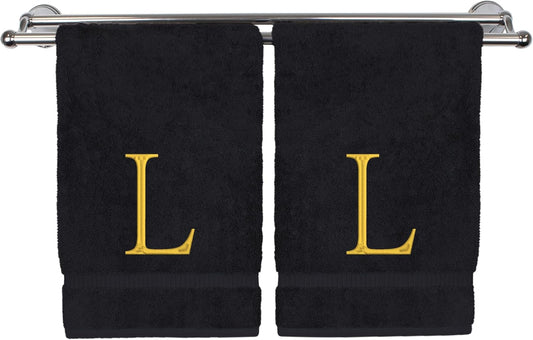Monogrammed Hand Towel, Personalized Initial Gift, Extra Absorbent 100% Turkish Cotton - Soft Terry Finish - Set of 2 - Gold Block Initial L - Embroidered on Black Towels