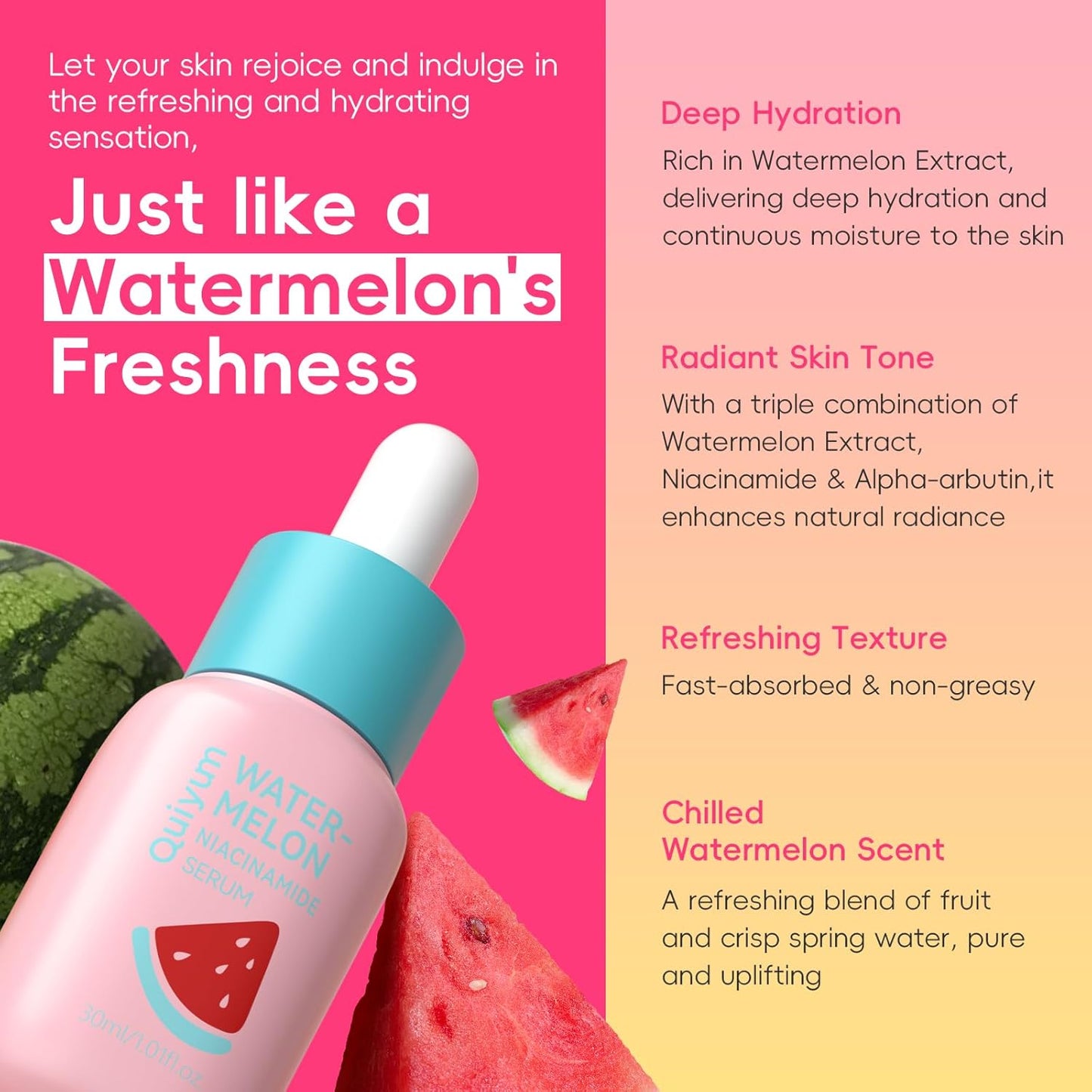 Niacinamide Serum for Face, Skin Care with Watermelon Extract & Hyaluronic Acid, Vitamin C, Hydrating, Glow, Anti-Aging, for Uneven Skin Tone, for Teens Girls Women Gifts, 1 Fl. Oz