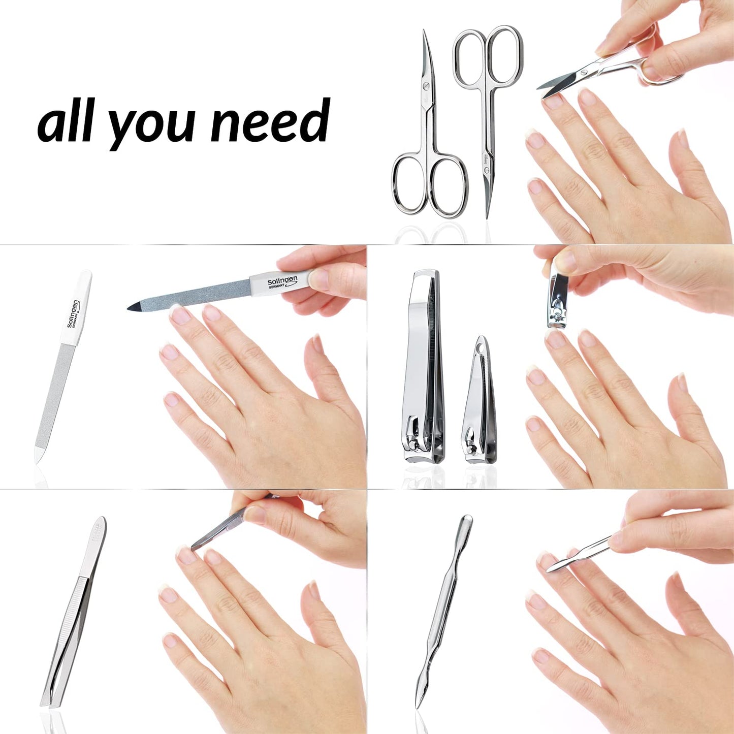 Manicure Set Solingen Made in Germany - 7 Piece Exclusive Finger & Toe Nail Clippers Kit for Women and Men in Real Leather Case, Color Rosa