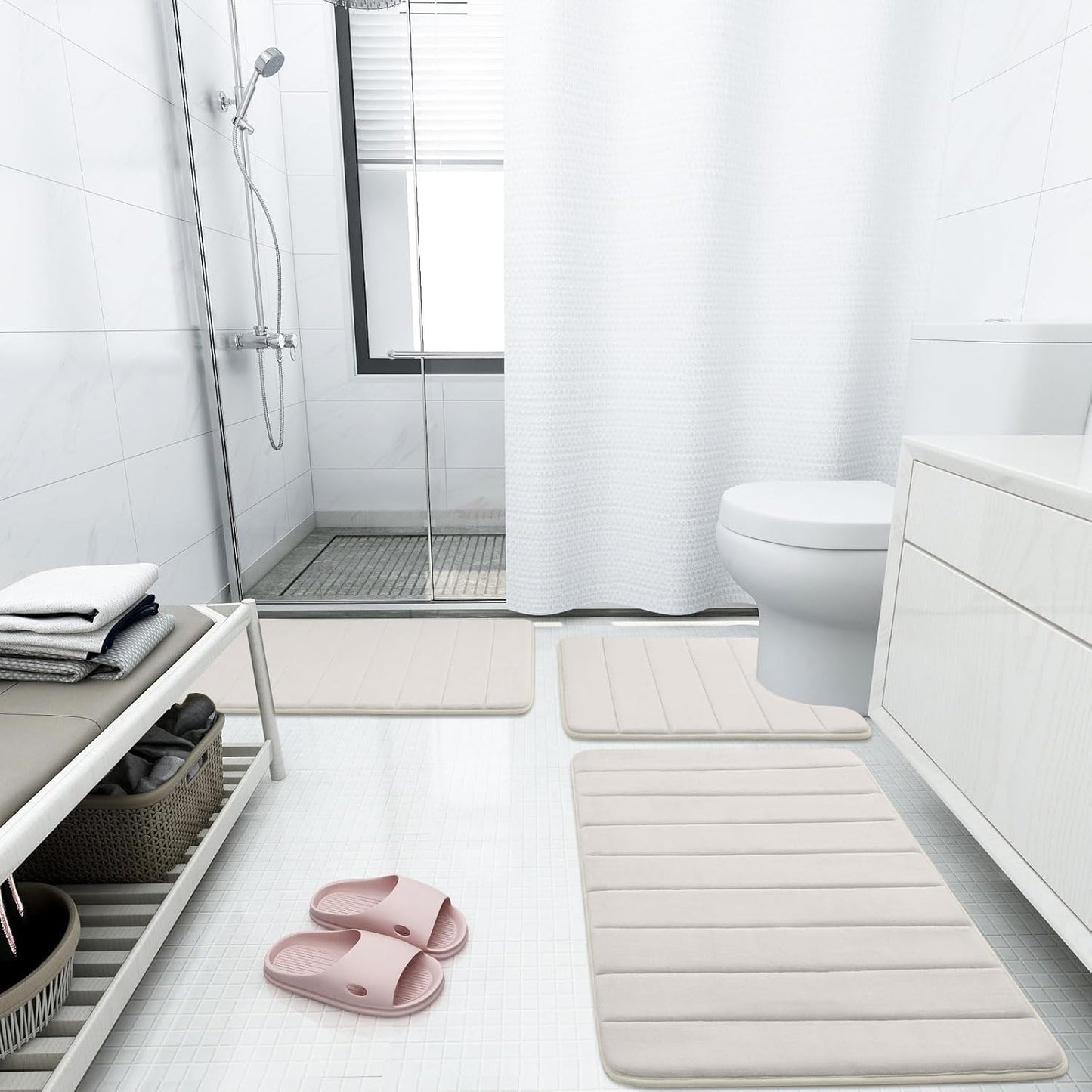 Buganda Memory Foam Bath Mat, 34" x 20", Ultra Soft and Non-Slip Bathroom Rugs, Water Absorbent and Machine Washable Bath Rug for Bathroom, Shower, and Tub, Cream