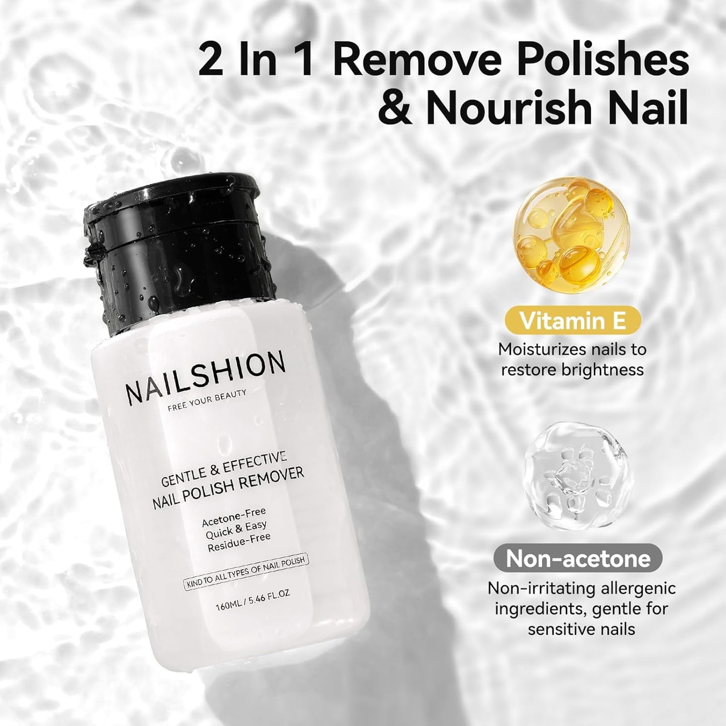 Nail Polish Remover, Non-acetone Fingernail Polish Remover Built-in Push-Down Pump, No Toxic, Rich in VE Non-Drying, 5-10s Fast Gentle Removal for Regular Nail Polishes, 5.46 fl. oz