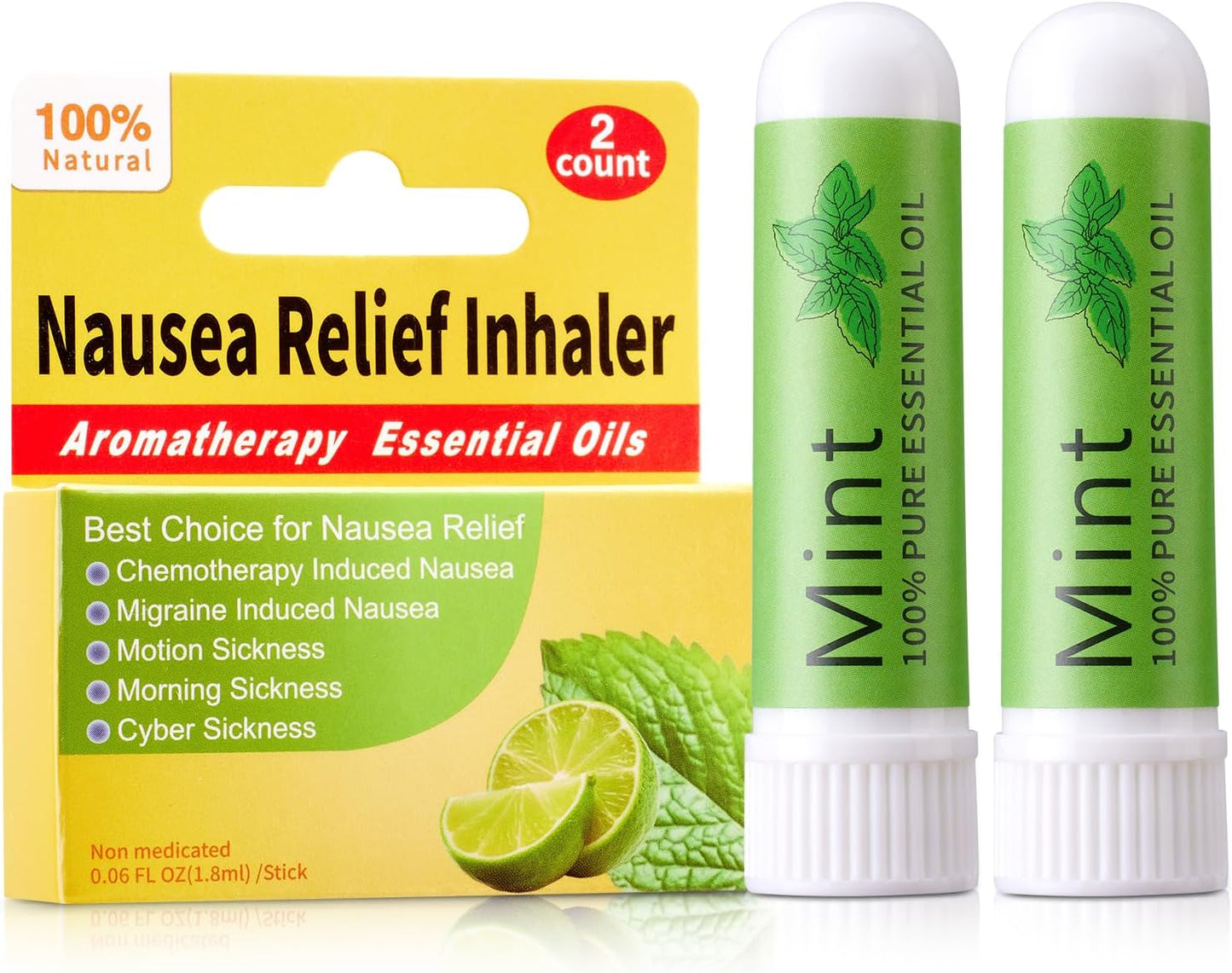 Hion Nausea Relief Inhaler-Mint 2pcs, 100% Natural Essential Oils Inhalers